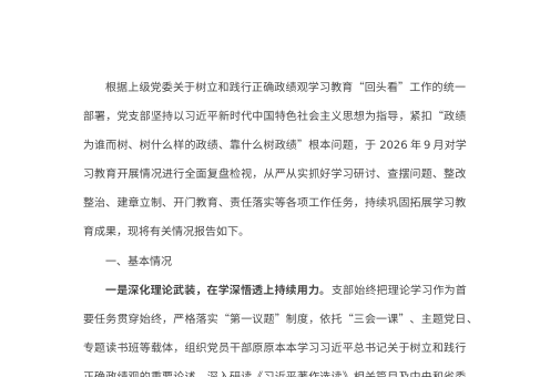 党支部树立和践行正确政绩观学习教育“回头看”情况报告