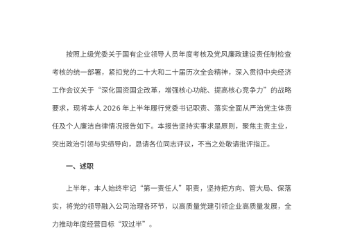 国企党委书记2026年述职述廉报告