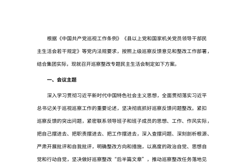 集团党委领导班子巡察整改专题民主生活会方案