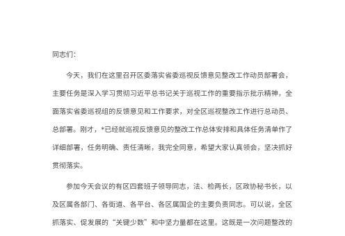 在区委落实省委巡视反馈意见整改工作动员部署会上的讲话